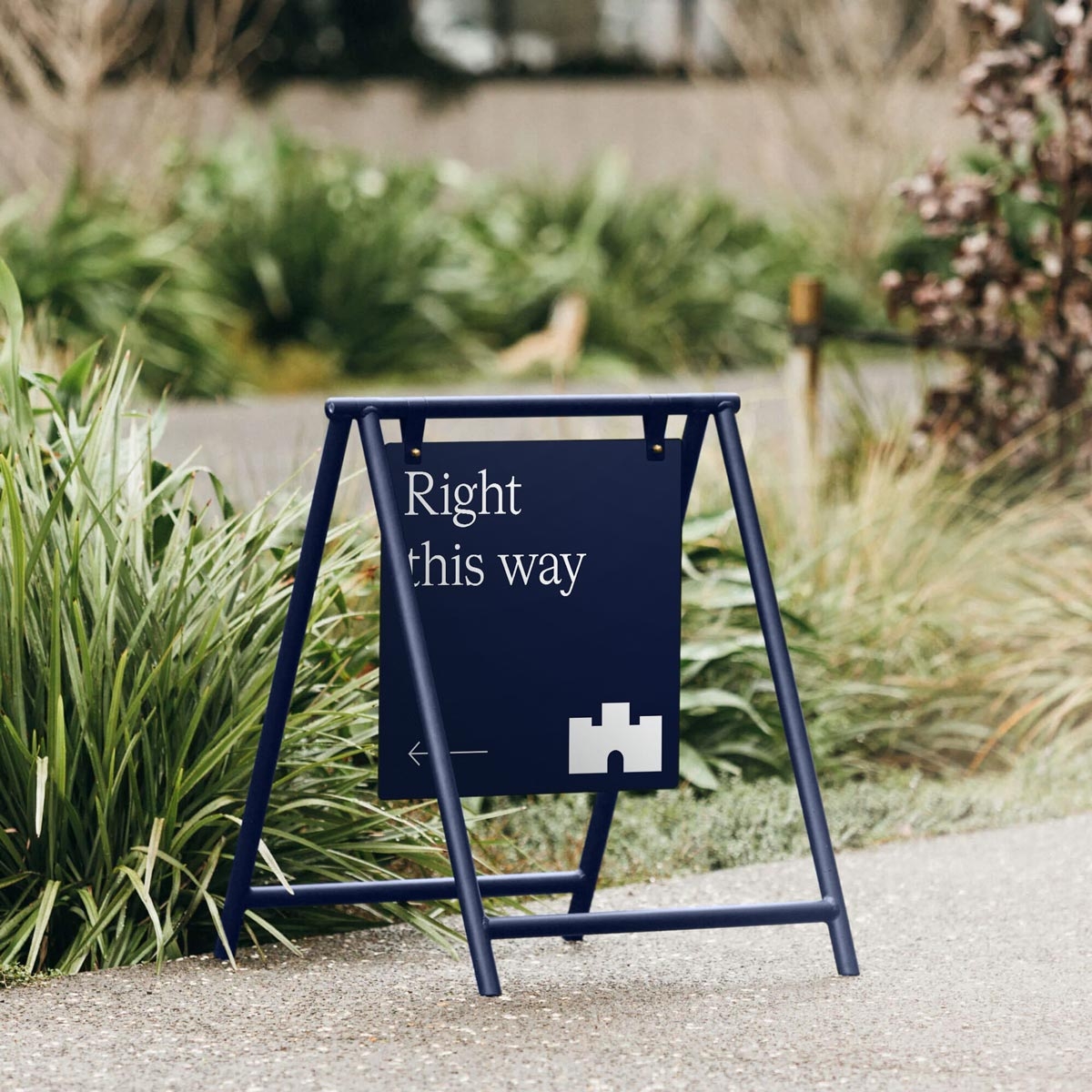 Marshall White open for inspection a-frame signage "right this way"